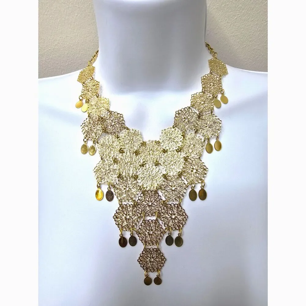Vintage Vendome Gold Filigree Necklace Statement Bib Articulated Dangles 15